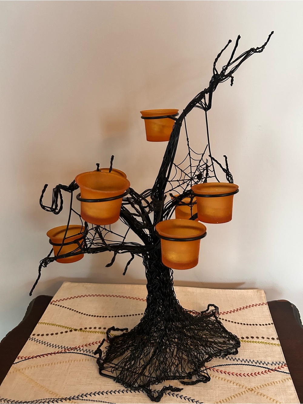 Rare Pottery Barn Black Wire Halloween Tree with 6 Orange Votive Holders